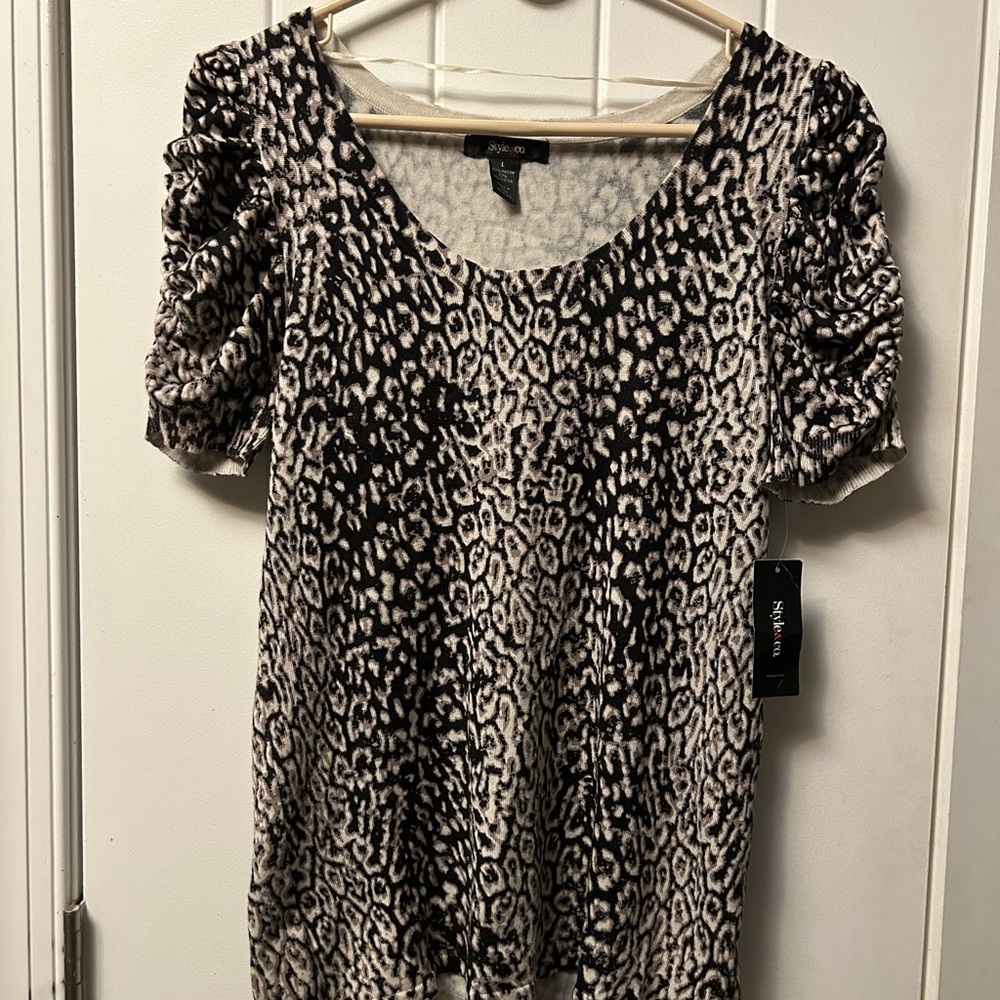 Style&Co. Black White Tan Leopard Print Top NWT! L, So soft!
